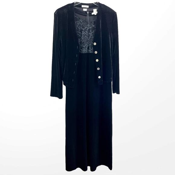 Focus Dresses & Skirts - 90s FOCUS Vintage Black Velvet Jacket Dress Set with Shoulder Pads